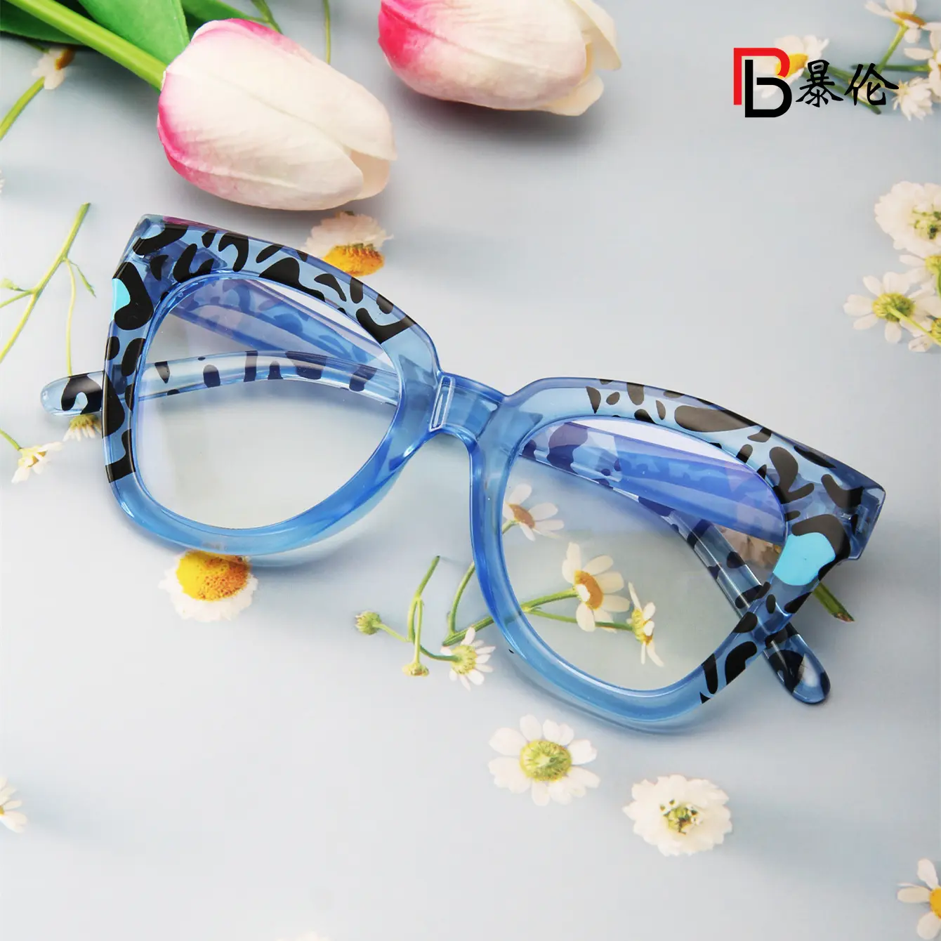 2024新款糖果色防蓝光平光镜 欧美拼色豹纹眼镜架BL2413