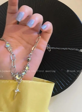 月光锆石十字架流苏项链女ins嘻哈风辣妹拼接配饰2022年新款配饰