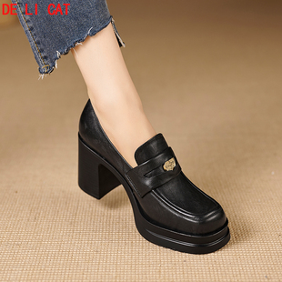 春夏季新款乐福鞋女新款粗跟防水台10厘米增高粗跟单鞋通勤小皮鞋