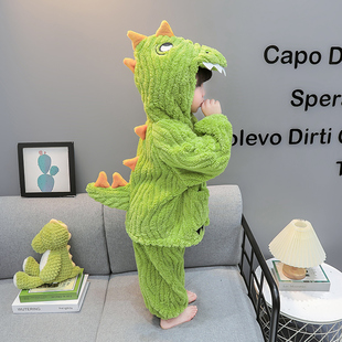 儿童套装睡衣女童秋冬季珊瑚绒加厚法兰绒宝宝女孩恐龙2025新款冬