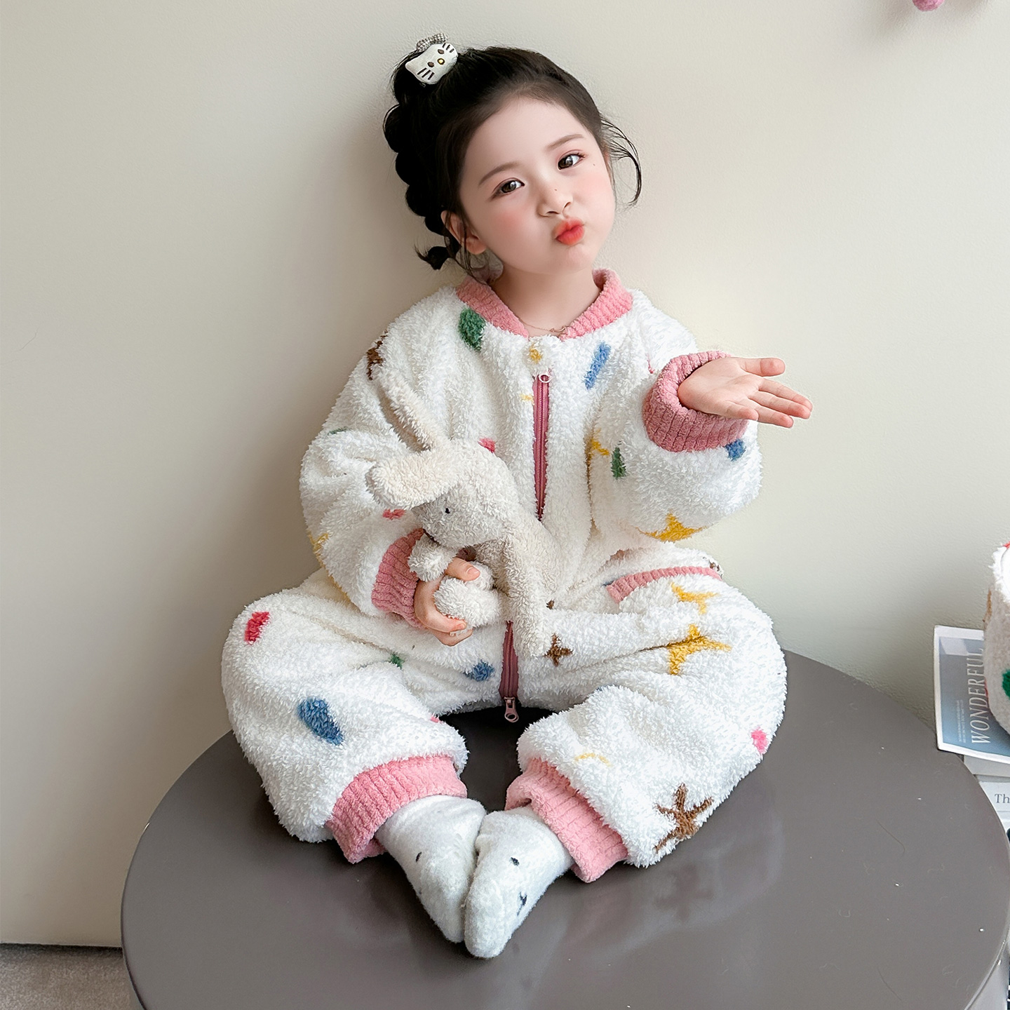 女童珊瑚绒双层加厚夹棉连体睡衣冬季加厚保暖可爱卡通家居服爬服