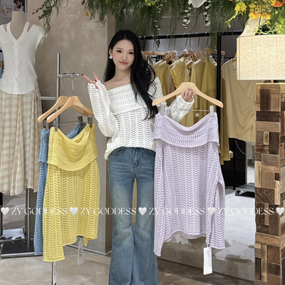 ZY GODDESS-花板一字肩编织翻领气质简约慵懒宽松百搭针织衫Q5005