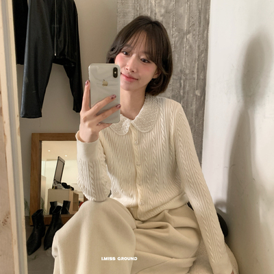 IMISS-冬上新绝美重工珍珠领麻花羊毛针织开衫(含33羊毛)H01277