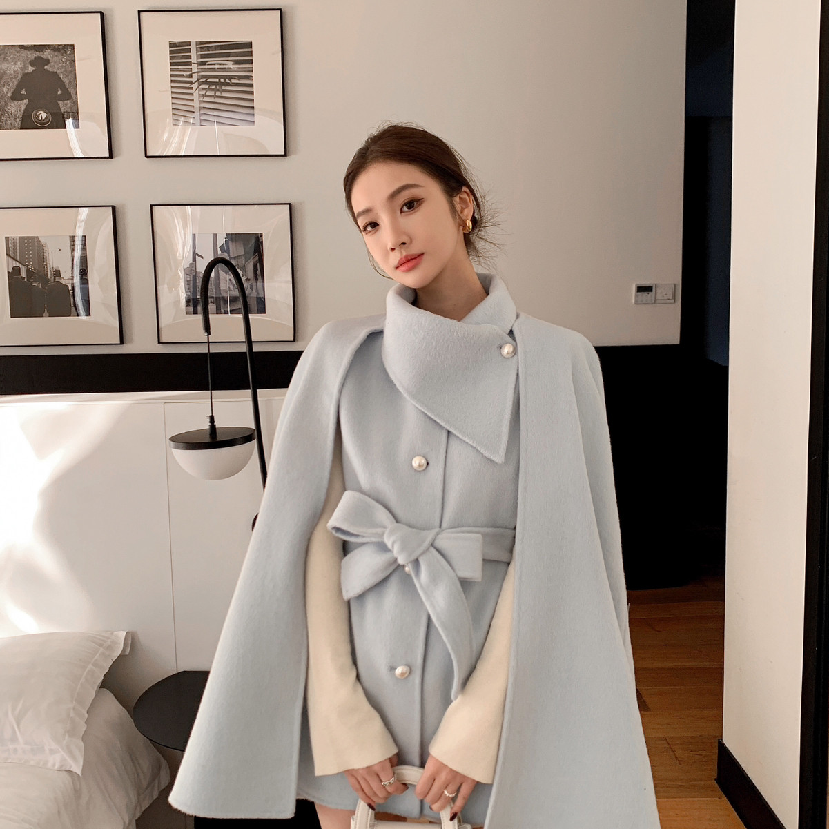 BEE BEE -上新千金感珍珠扣斗篷中长羊毛外套（含100羊毛）112812,女装/女士精品,羽绒服,淘宝优惠券,粉丝福利购,淘宝优惠卷