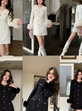 ALALA EMELIA-粗花呢气质短款裙连衣裙(配袖口毛毛可拆卸)L17822