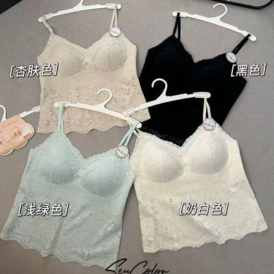 首家-蕾丝V领一体杯优雅锁骨中长吊带聚拢抹胸美背内衣背心DF6255