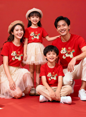 新年短袖纯棉T恤一家三口四口全家福上衣母女母子年服红色打底衫