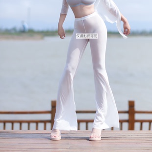 女 鲍鱼勒痕网纱健身喇叭裤 透视超薄透明紧身勒阴显骆驼趾裤 瑜伽裤