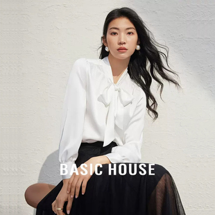 女早春设计感气质叠穿系带衬衣 百家好醋酸缎面衬衫 House Basic