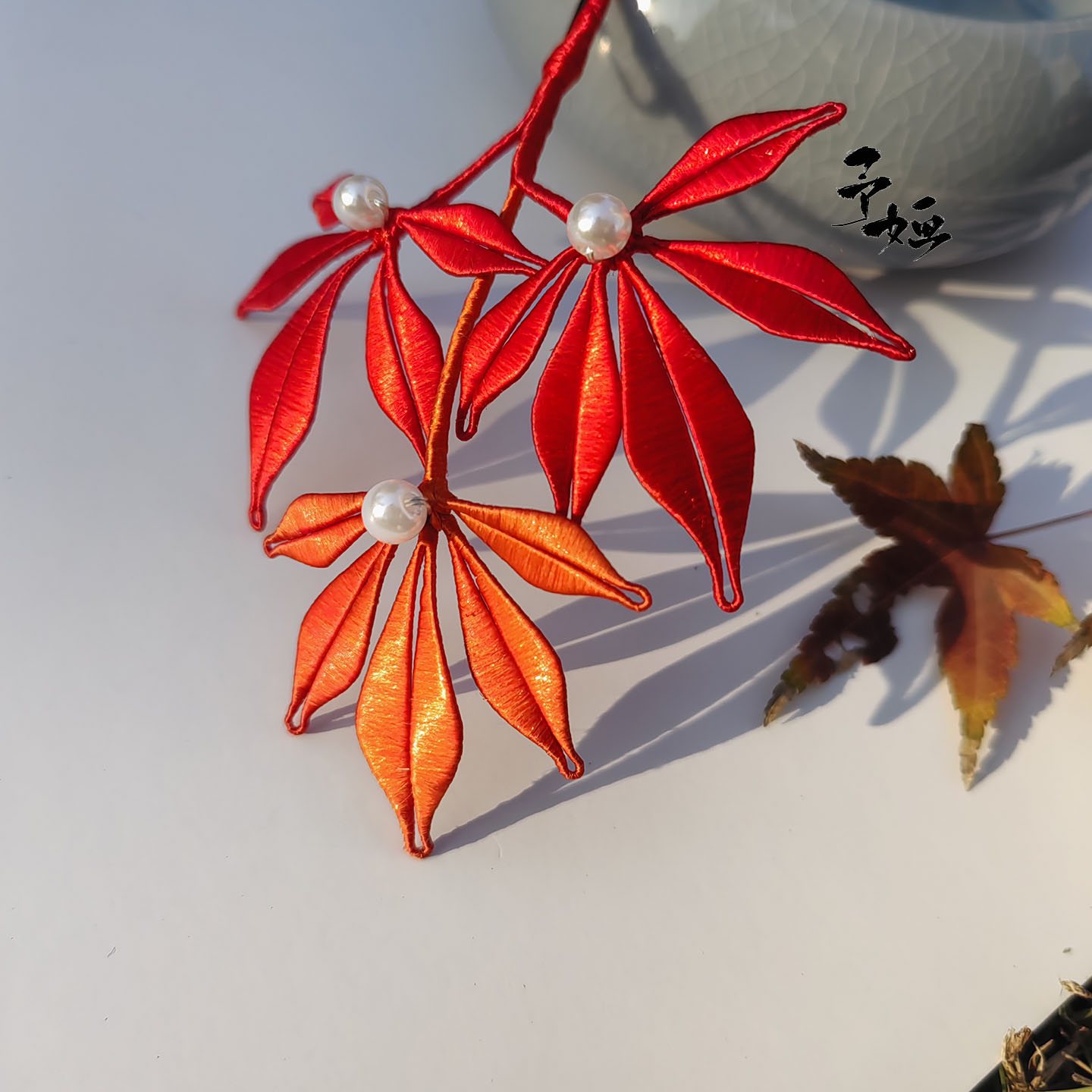 予婳手作 非遗缠花发簪子红色枫叶汉服古风旗袍发饰 秋天胸针日常