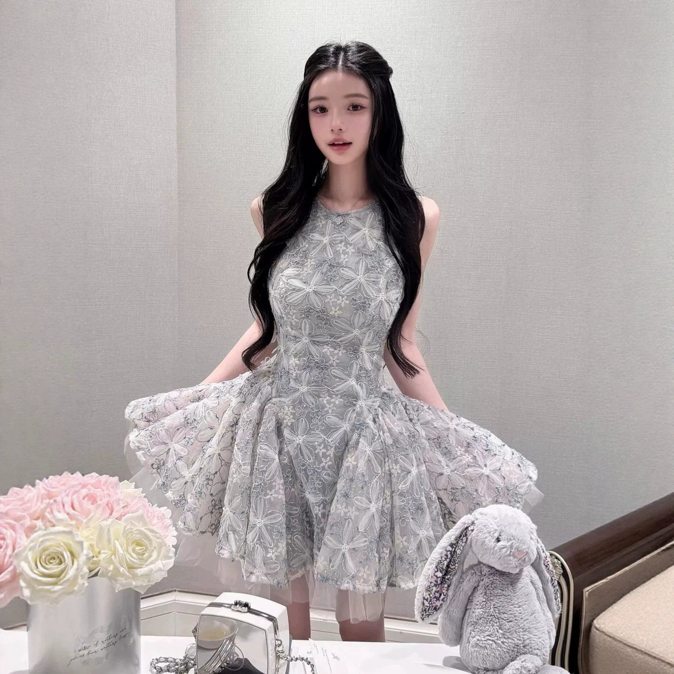 生日party小礼服女富家千金感重工蕾丝绣花网纱收腰蓬蓬公主短裙