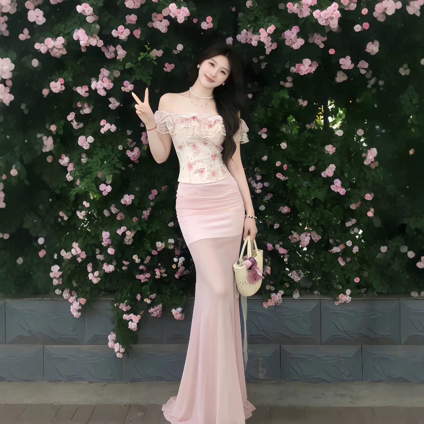 法式浪漫风一字肩碎花连衣裙女夏季度假风修身包臀鱼尾裙套装甜美