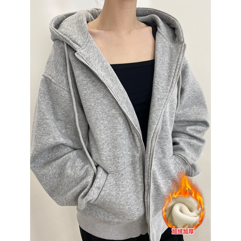 德国进口灰色连帽卫衣女秋冬加绒加厚2025新款爆款韩系慵懒风宽松
