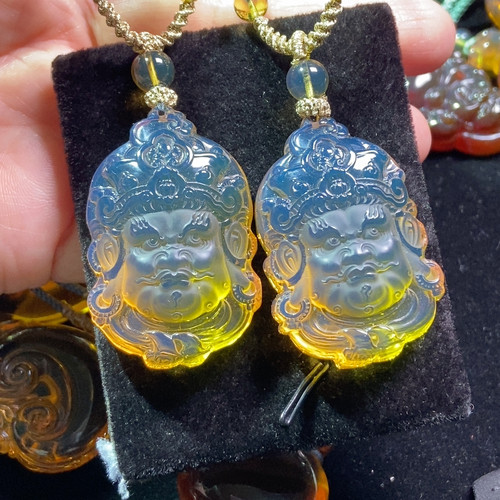 蓝珀黄财神一对
