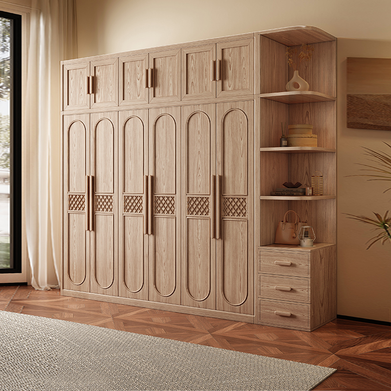 北欧白蜡木实木衣柜家用卧室大容量平开门柜子原木带抽储物衣橱