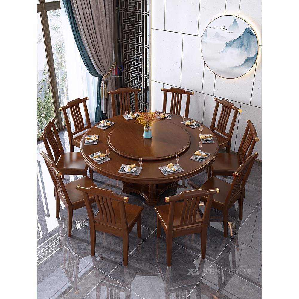 新中式实木餐桌转盘家用12人酒店饭桌现代简约橡木大圆桌椅子组合