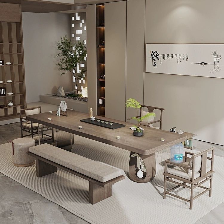 实木桌椅家用客厅泡茶茶桌亚克力渐变黑办公室组合茶桌一体一整套