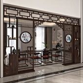 新中式 屏风隔断柜别墅客厅茶室实木月洞门可定制玄关博古架一体柜