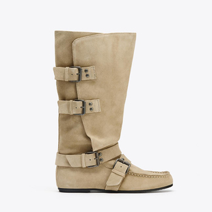 ZA2025秋冬新款 搭扣铆钉饰带高筒靴圆头不过膝长靴大桶围骑士靴