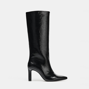 ZA2025新款 漆皮尖头高跟骑士靴复古粗跟不过膝长筒靴大桶围高筒靴