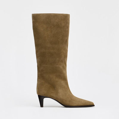 ZA复古风尖头大桶围高跟骑士靴女