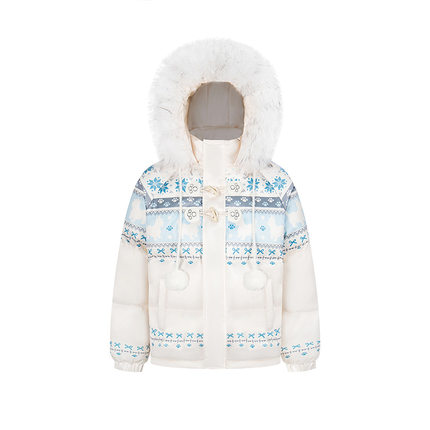 NTBF年秋冬季新款费尔岛复古雪花兔子毛领连帽棉服外套女保暖棉衣