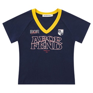 NTBF美式辣妹风撞色V领短袖女夏季新款字母印花修身显瘦运动T恤