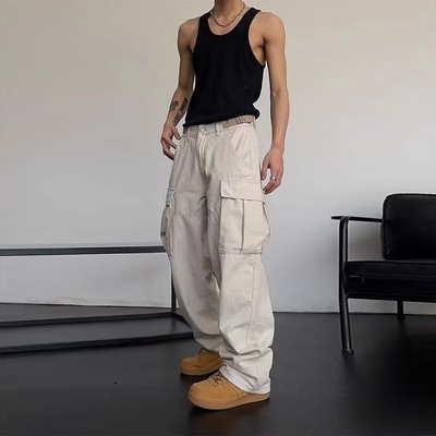 街头嘻哈美式复古多口袋宽松工装休闲裤男女生hiphop直筒长裤子潮