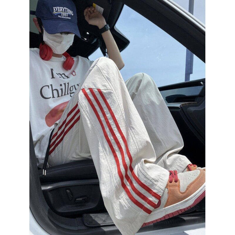 夏季美式条纹速干冰丝裤男款薄款运动长裤宽松直筒伞兵休闲长裤子