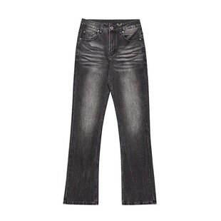 NTBF复古做旧微喇叭牛仔裤美式高街cleanfit直筒修身百搭黑色长裤