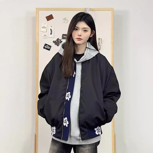 美式复古黑色棒球服外套男女春秋新款潮牌提花设计感情侣飞行夹克