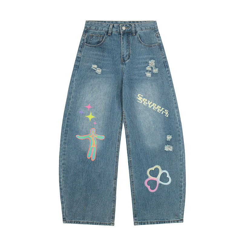 NTBF美式水洗涂鸦印花破洞弯刀牛仔裤男女街头宽松阔腿百搭长裤潮