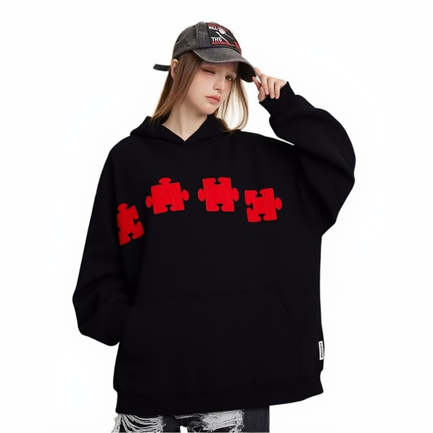 NTBF美式拼图立体刺绣连帽卫衣男女秋季新款国潮牌宽松情侣外套