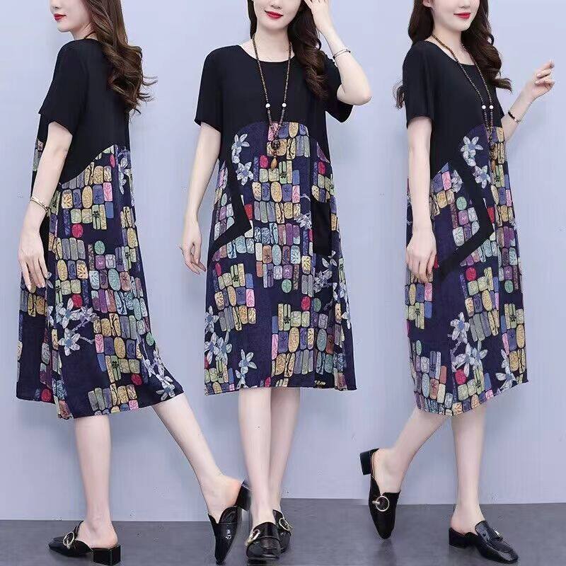 반팔 여성 라운드 넥 지방 MM 배꼽 덮는 드레스 여름 드레스 2024 새로운 플러스 사이즈 여성 드레스 슬리밍 지방 자매 스커트