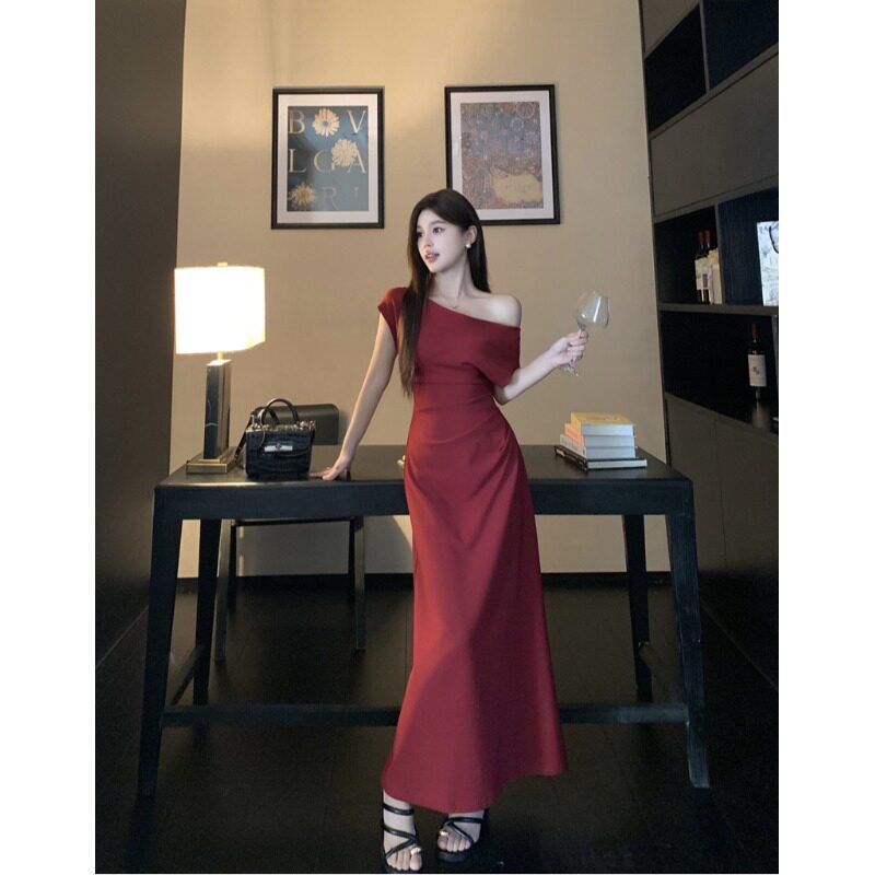 大码胖mm气质御姐风绝美一字斜露肩连衣裙女掐腰显瘦包臀收腰长裙