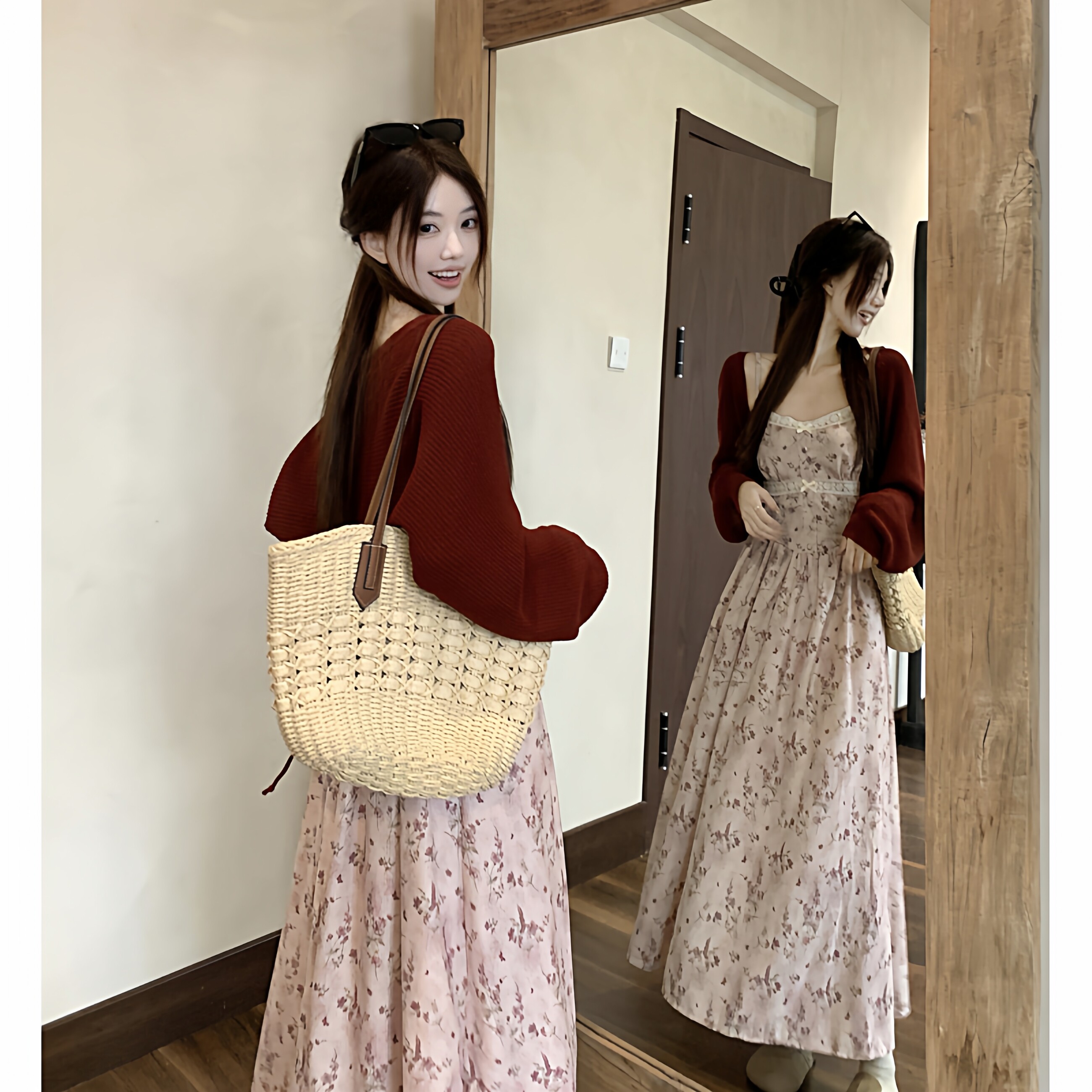 新势力时尚女装 复古甜美灯芯绒印花吊带裙女廓形毛衣开衫两件套