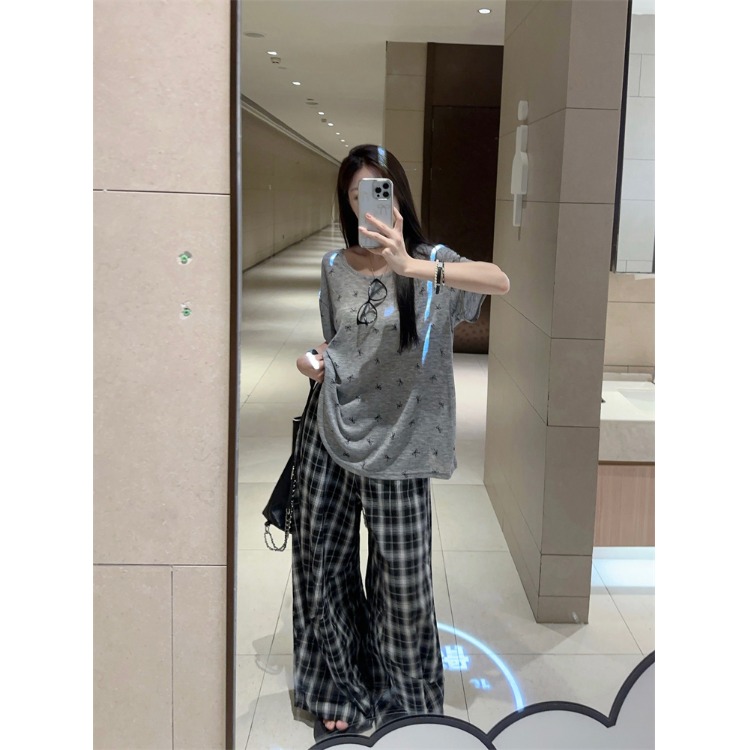 大码胖mm慵懒风蝴蝶结波点露背短袖T恤+高腰垂感拖地裤显瘦两件套