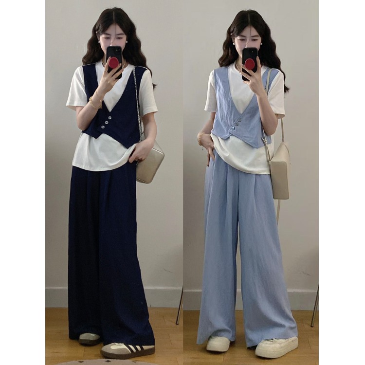 大码胖mm韩版气质假两件马甲短袖T恤女夏季新款通勤风阔腿裤套装