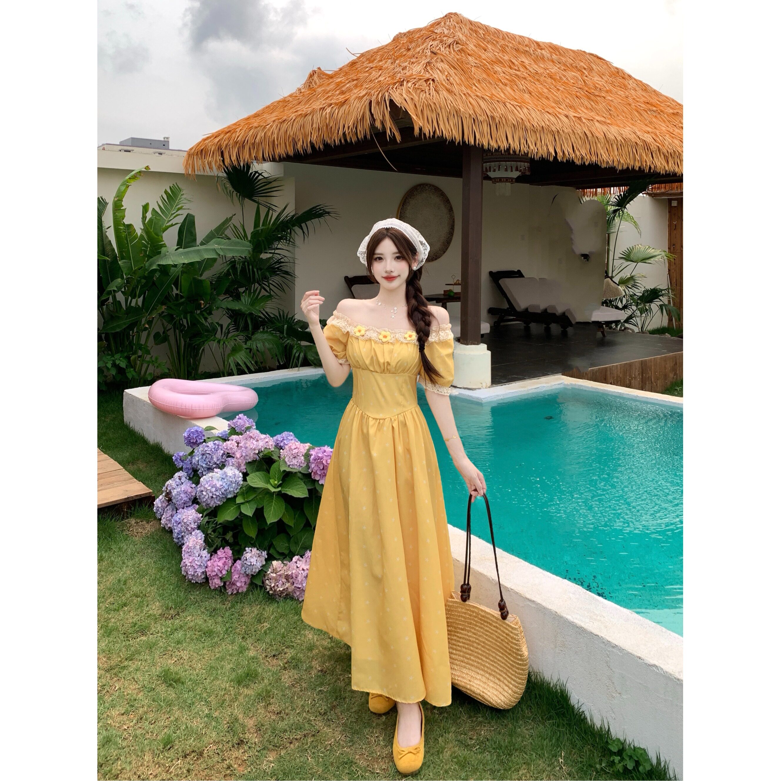 胖mm甜美风立体花朵收腰小飞袖连衣裙女掐腰巨显瘦少女感通勤长裙