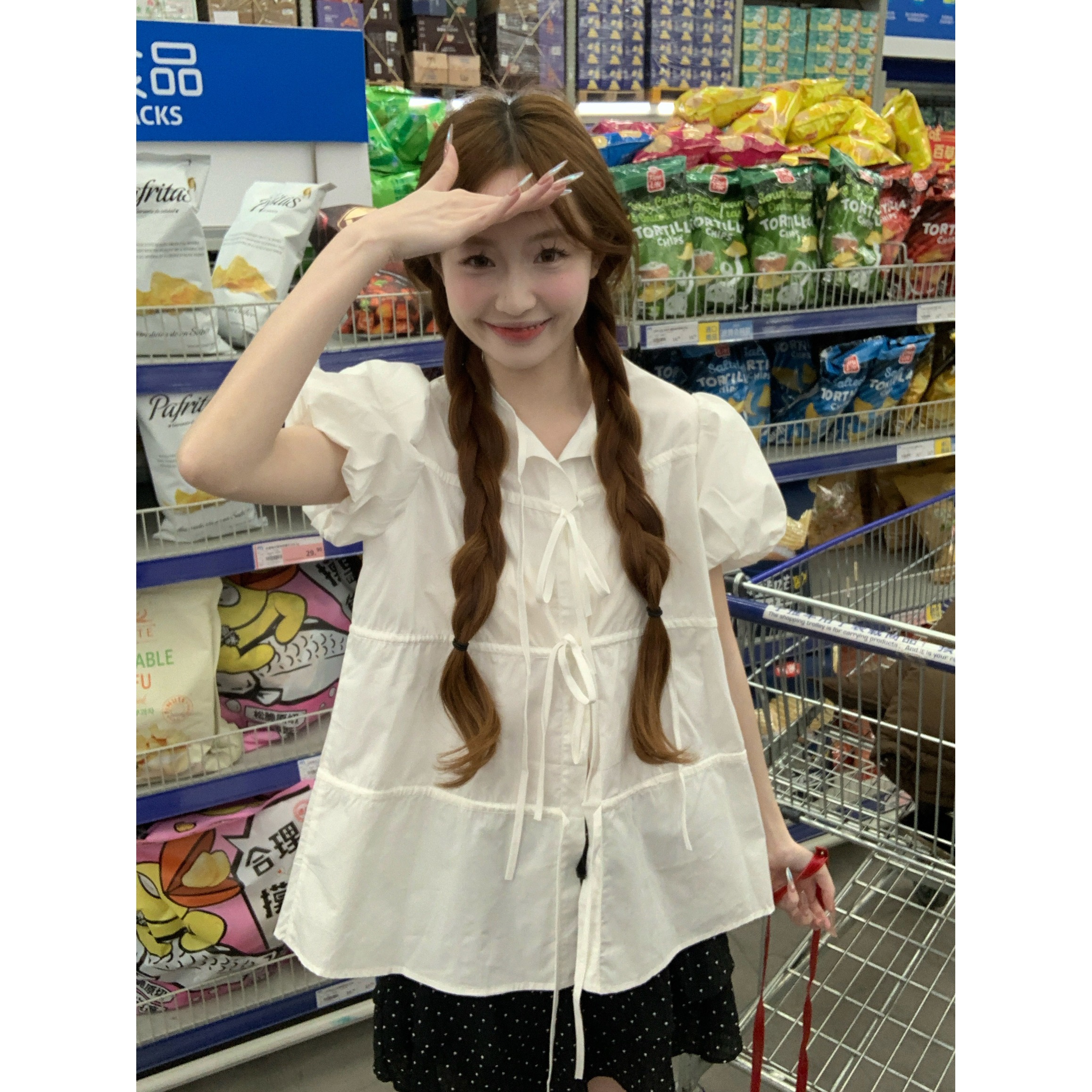 大码胖mm甜美减龄泡泡袖蝴蝶结系带短袖衬衫女夏新款小众宽松上衣