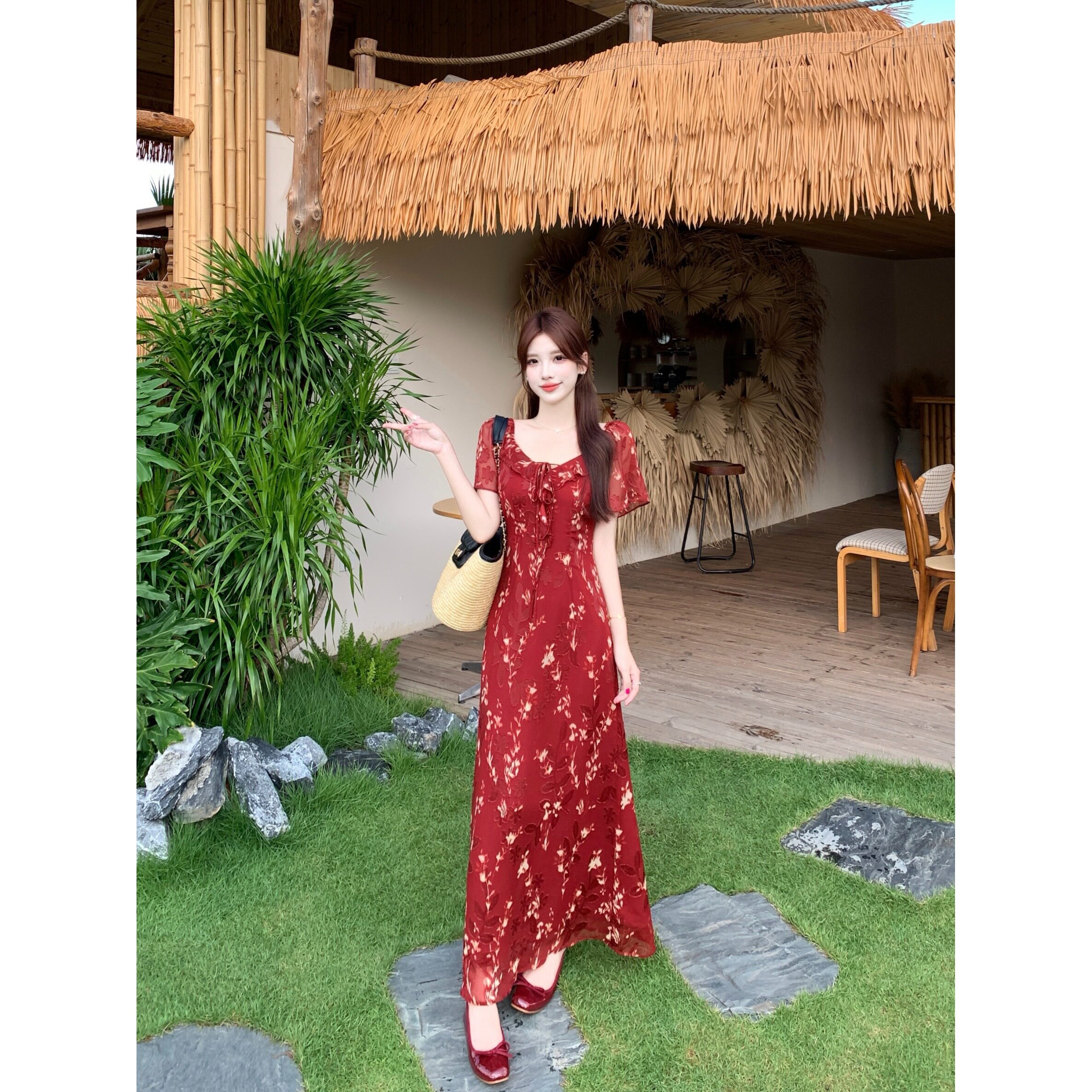 大码胖mm气质甜美抽绳系带碎花短袖连衣裙女显白显瘦女神范约会裙