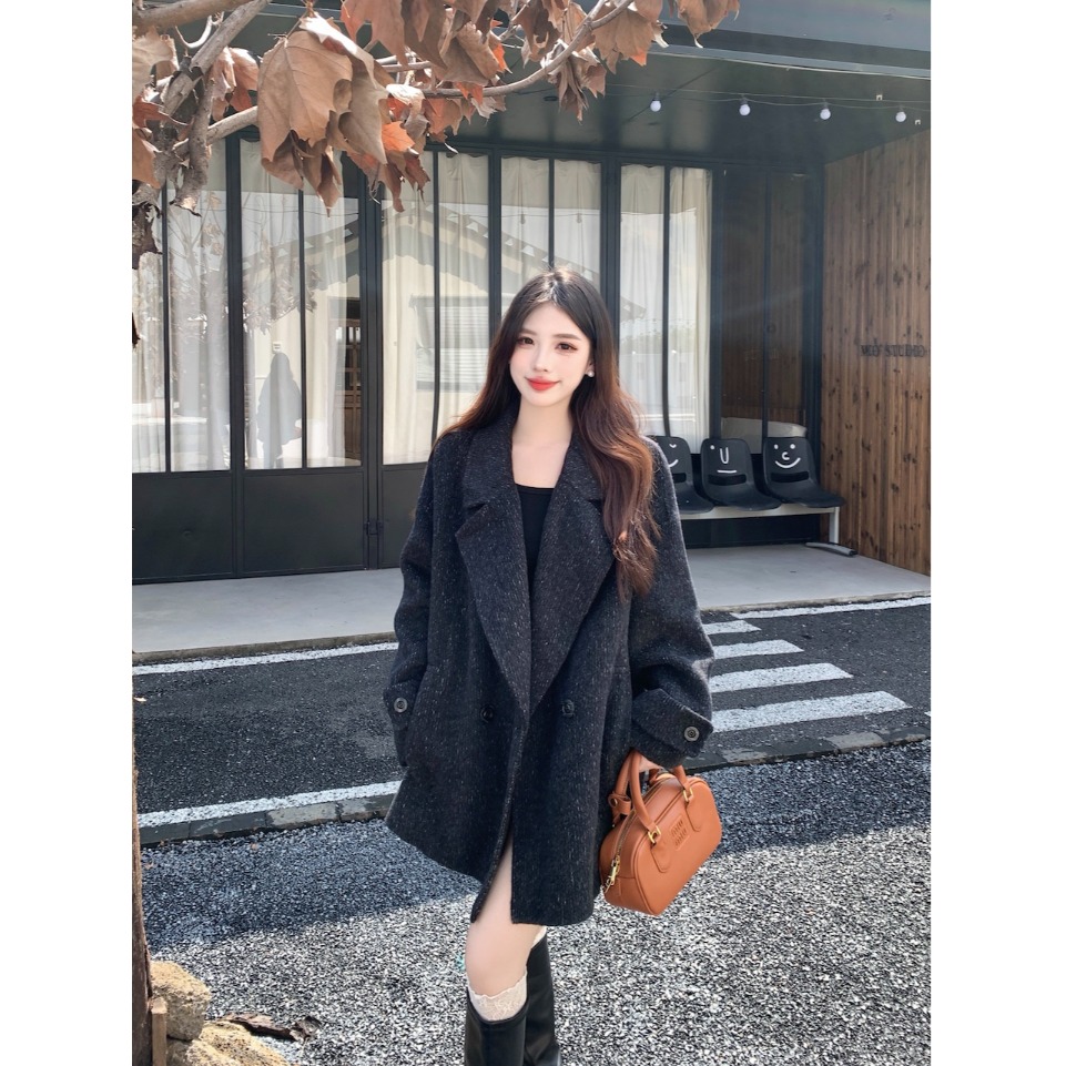 胖mm韩系翻领双排扣呢子外套女冬季新款高级感西装领气质显瘦上衣