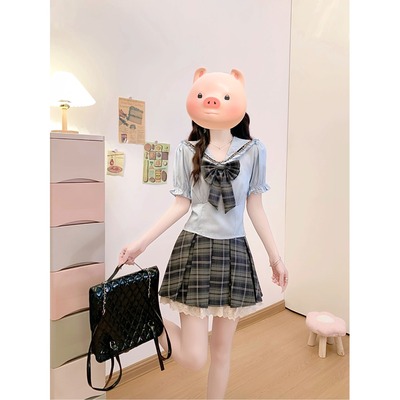 胖mm初恋学院风蝴蝶结衬衫女夏季新款小个子高腰格纹百褶裙两件套