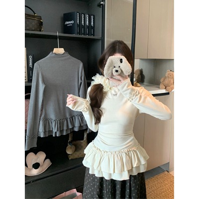 新势力时尚女装 独特漂亮花边半高领打底衫女简约德绒内搭上衣潮