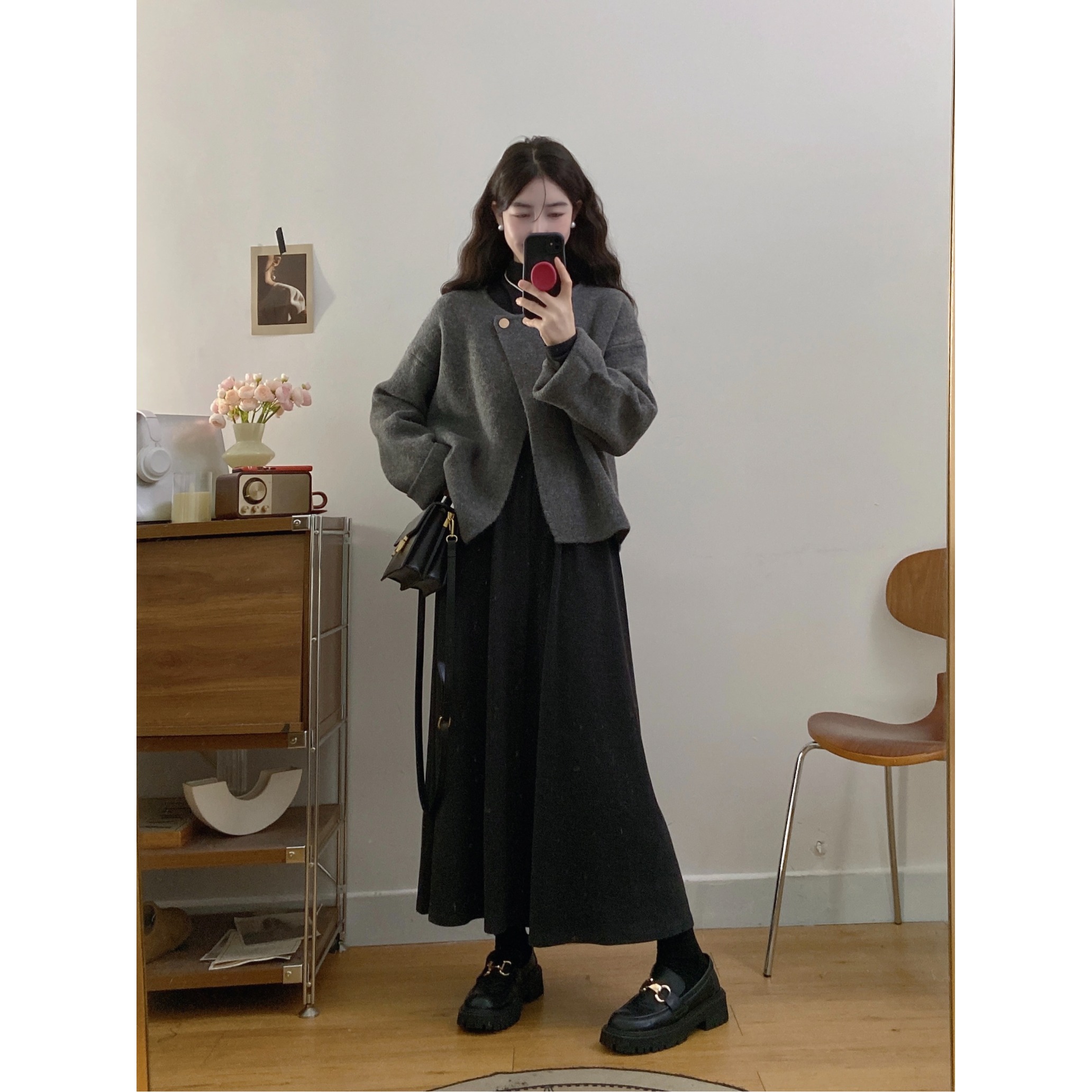 胖mm韩系显瘦半高领针织连衣裙女春季新款气质不规则毛呢外套套装