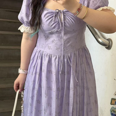 胖mm茶歇泡泡袖方领连衣裙女夏季新款气质绝美掐腰巨显瘦碎花长裙