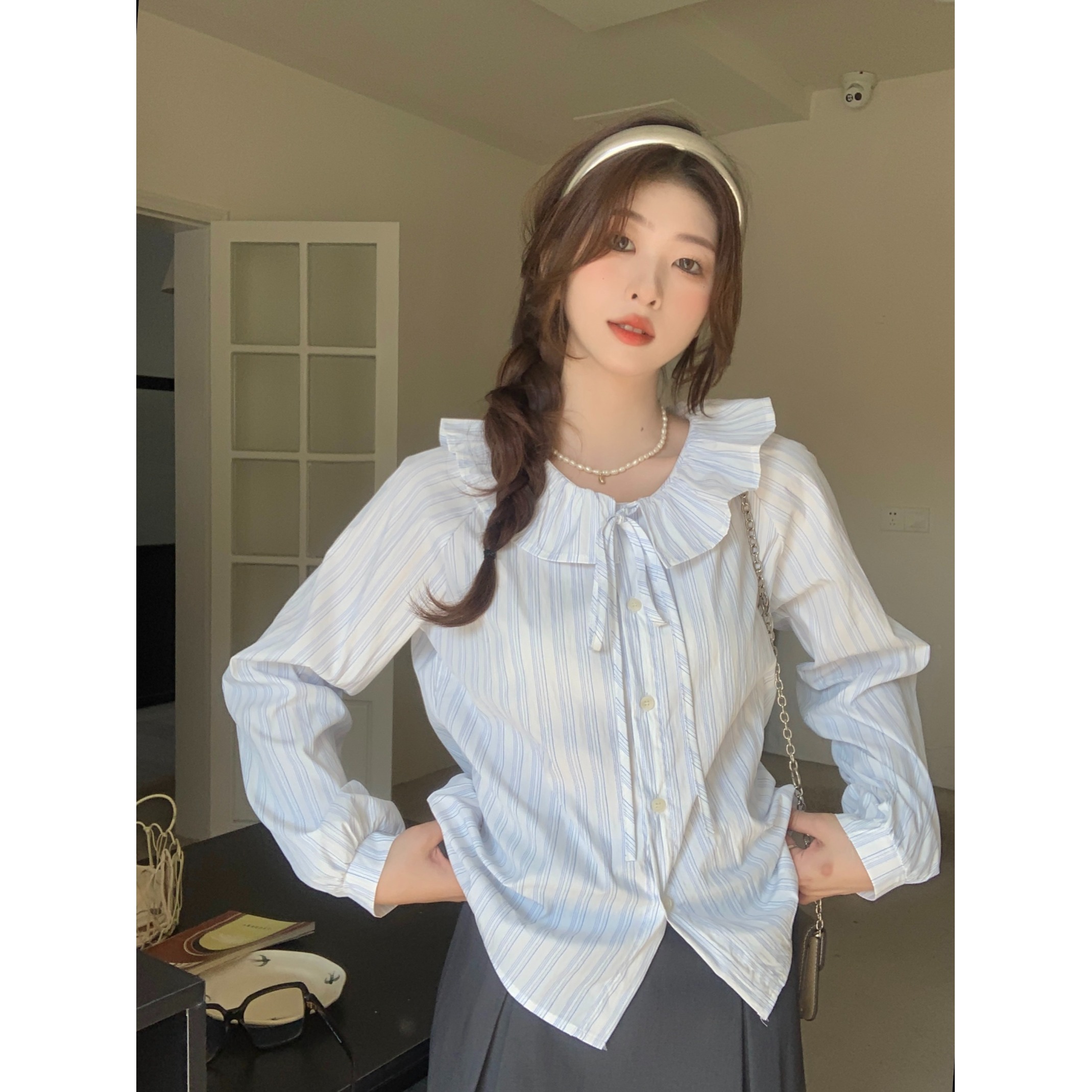 大码胖mm甜美风荷叶领长袖衬衫女春季新款宽松显瘦条纹通勤上衣潮