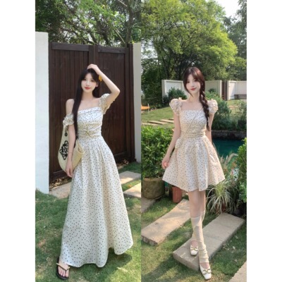 胖mm气质优雅波点小飞袖连衣裙女夏新款褶皱收腰显瘦绝美度假长裙