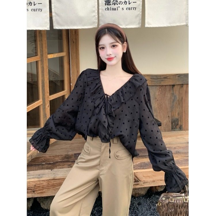 大码胖mm韩版V领荷叶边黑色波点长袖衬衫女早秋遮肉显瘦雪纺上衣