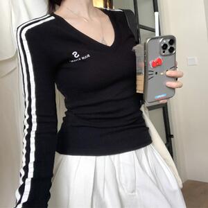 大码胖mm美式撞色V领修身长袖T恤女秋新款高腰宽松阔腿休闲裤套装